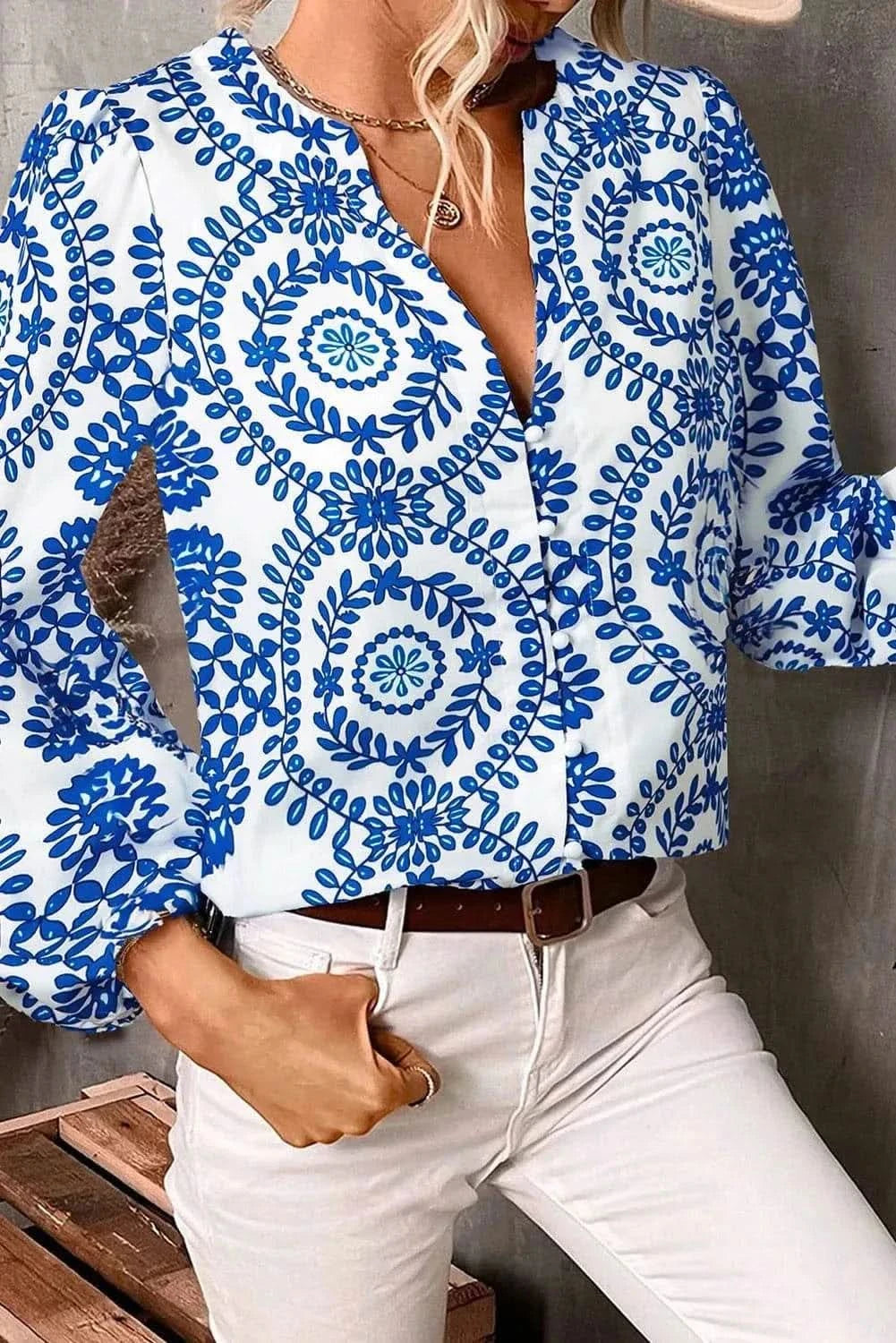 Chic notched long sleeve blouse - Love Salve